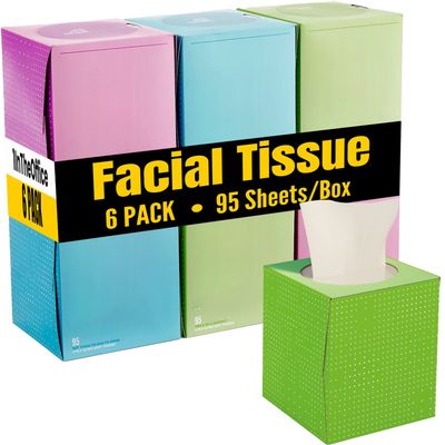 1InTheOffice Facial Tissue, Tissue Paper Box, Facial Tissue Paper, 2-Ply, Cube Boxes, White, 95 Sheets/Box, 6 Boxes