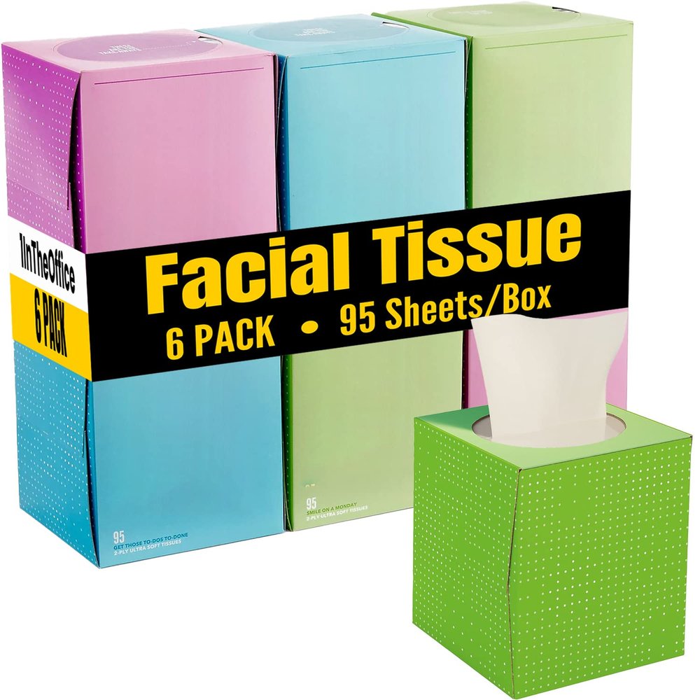 1InTheOffice Facial Tissue, Tissue Paper Box, Facial Tissue Paper, 2-Ply, Cube Boxes, White, 95 Sheets/Box, 6 Boxes