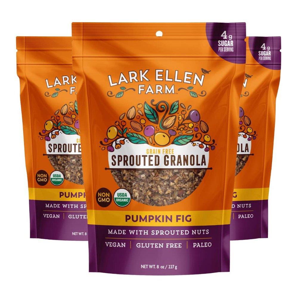 Lark Ellen Farm Grain-Free Granola, Certified Organic Raw Sprouted Vegan Clusters, Paleo & Crunchy Gluten-Free Bites for Cereal or Yogurt, Pumpkin Fig, 8 oz, 3 Pack