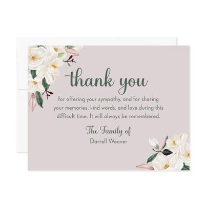Personalized White Magnolia Sympathy Thank You Cards - Floral Funeral and Memorial Flat Note Cards, 5.5 x 4.25 in (A2) with Envelopes, Choose Your Quantity - Minimum of 15