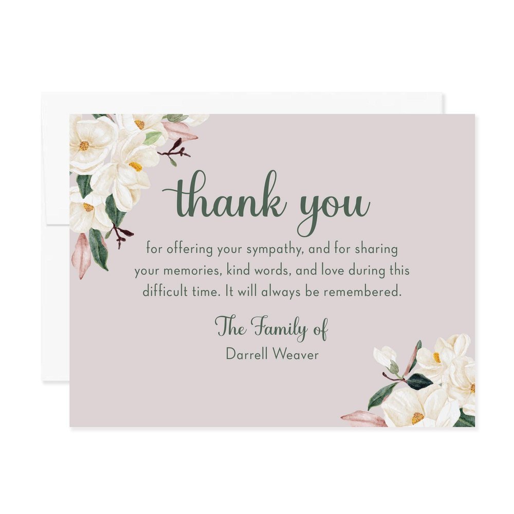 Personalized White Magnolia Sympathy Thank You Cards - Floral Funeral and Memorial Flat Note Cards, 5.5 x 4.25 in (A2) with Envelopes, Choose Your Quantity - Minimum of 15
