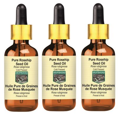 DEVPRAYAG Pure Rosehip Seed Oil (Rosa rubiginosa) with Glass Dropper Cold Pressed (Pack of three) 100ml X 3 (10 oz)