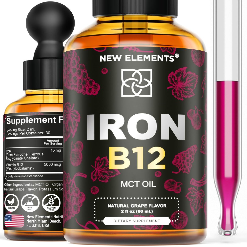 Liquid Iron Supplement for Women & Men with Vitamin B12 5000mcg - Free Blood Builder for Anemia - Liquid Vitamin B12 Drops for Adults with MCT Oil, Natural Grape Flavor, 2 Fl Oz
