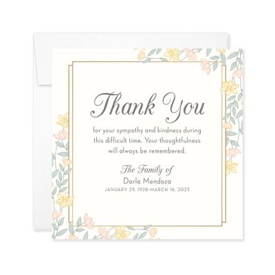 Hello Love Goods Pink and Yellow Floral Sympathy Thank You Cards, 5.25x5.25 Flat Square Thank You Cards, Personalized Funeral Note Cards with Envelopes