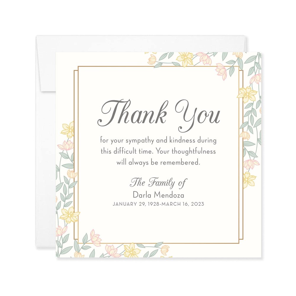 Hello Love Goods Pink and Yellow Floral Sympathy Thank You Cards, 5.25x5.25 Flat Square Thank You Cards, Personalized Funeral Note Cards with Envelopes