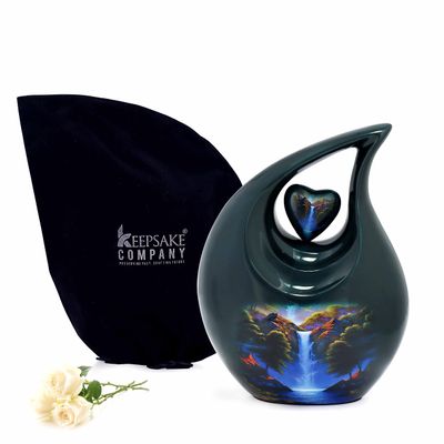 KEEPSAKE COMPANY White Teardrop Small Urns for Human Ashes/Mini Urn with Sky Blue Heart/Cremation Keepsakes for Ashes/Ash Holders (Green - Blue Waterfall, Large - (L) (156 Cu in))