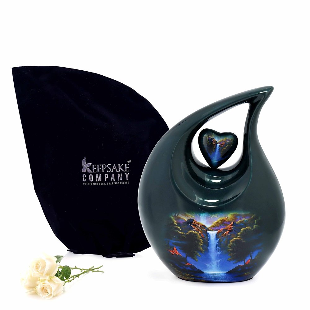 KEEPSAKE COMPANY White Teardrop Small Urns for Human Ashes/Mini Urn with Sky Blue Heart/Cremation Keepsakes for Ashes/Ash Holders (Green - Blue Waterfall, Large - (L) (156 Cu in))