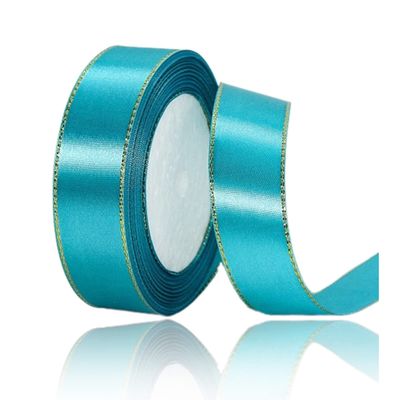 Turquoise Blue Satin Ribbons 1 Inch x 25 Yards, Fabric Ribbon with Gold Edges Border for Gift Wrapping, DIY Crafts, Floral Bouquet, Hair Bows, Sewing Projects, Baby Shower and Wedding Party Decoration