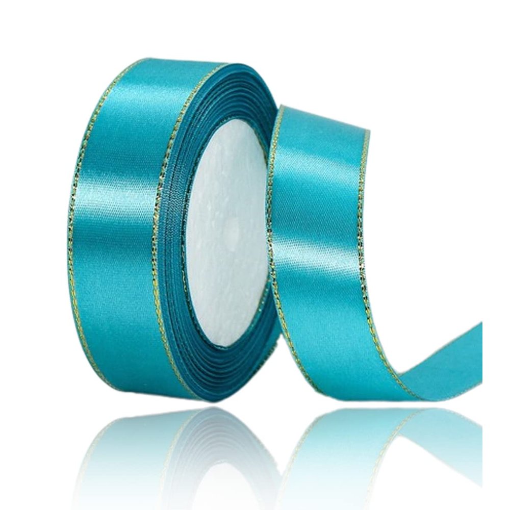 Turquoise Blue Satin Ribbons 1 Inch x 25 Yards, Fabric Ribbon with Gold Edges Border for Gift Wrapping, DIY Crafts, Floral Bouquet, Hair Bows, Sewing Projects, Baby Shower and Wedding Party Decoration