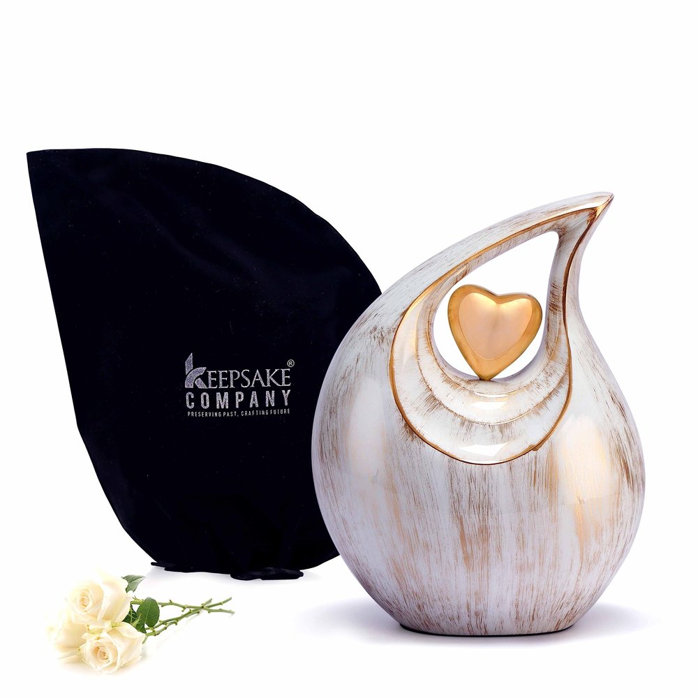 Teardrop Heart Urn for Human Ash| Cremation Urns Ashes |Urn for Human Ashes | Decorative Cremation Urn | Large | 2.5 Litre Capacity | White - Golden