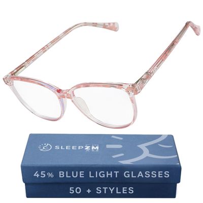Sleep ZM 100% Wayfarer Classic Blue Light Blocking Glasses - Better Sleep Anti Eye Strain Protection - Computer Gaming Women Men - Pink Dot - Daytime Clear Lens