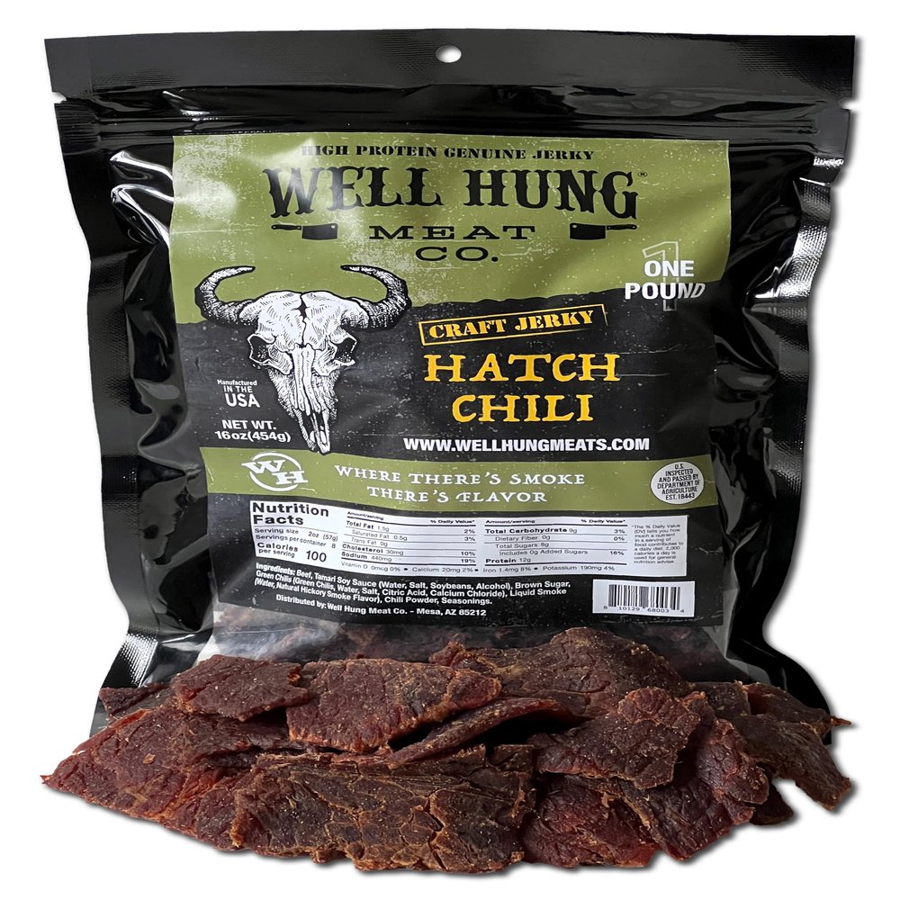 Well Hung Meats Hatch Chili Beef Jerky One Pound Resealable Craft Jerky Bag (16oz)
