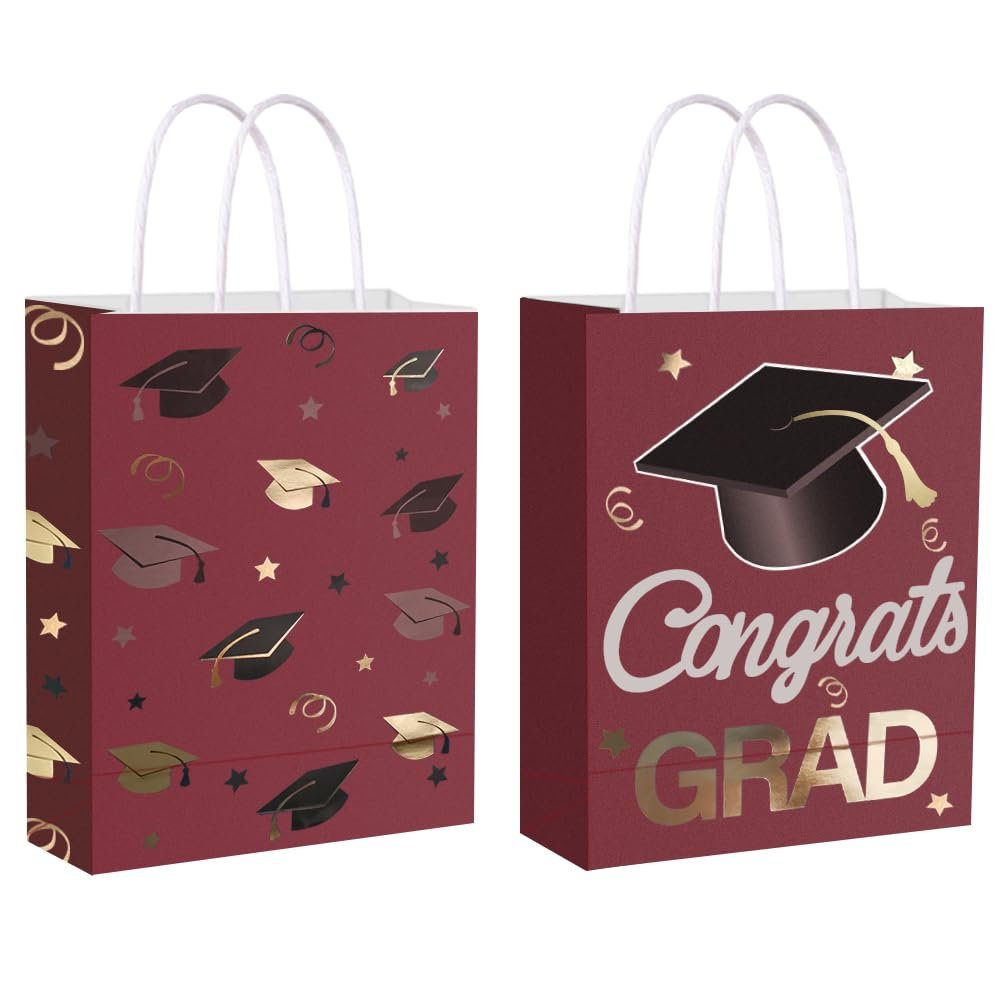 12 Pieces Graduate Gift Bags, Graduation Party Favor Gifts Wrapping Bags for Graduation Season Theme Party Supplies Decoration (Red Gold)