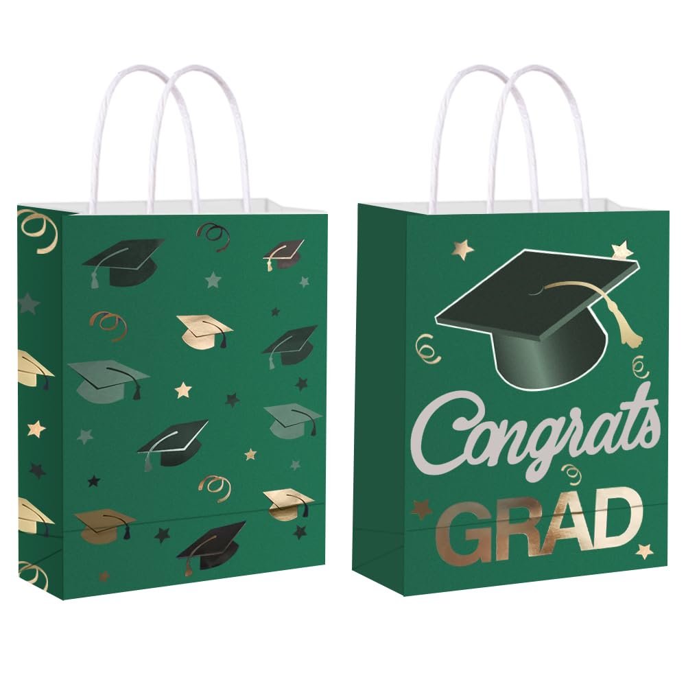 12 Pieces Graduate Gift Bags, Graduation Party Favor Gifts Wrapping Bags for Graduation Season Theme Party Supplies Decoration (Green Gold)