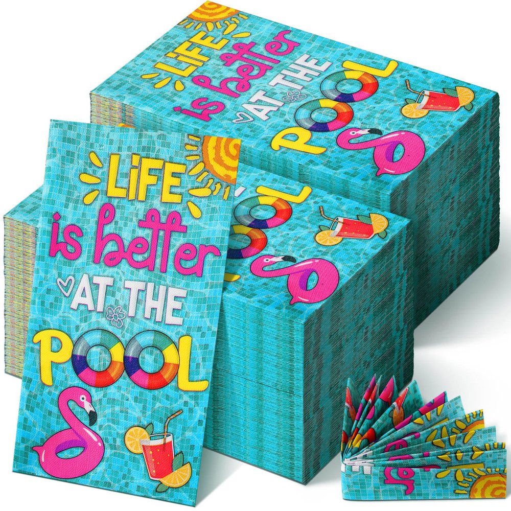 Sinmoe 200 Pcs Summer Guest Napkins Swimming Pool Party Disposable Decorative Bathroom Hand Towels Hello Summer 2 Ply Paper Napkins for Birthday Party Bathroom Decor