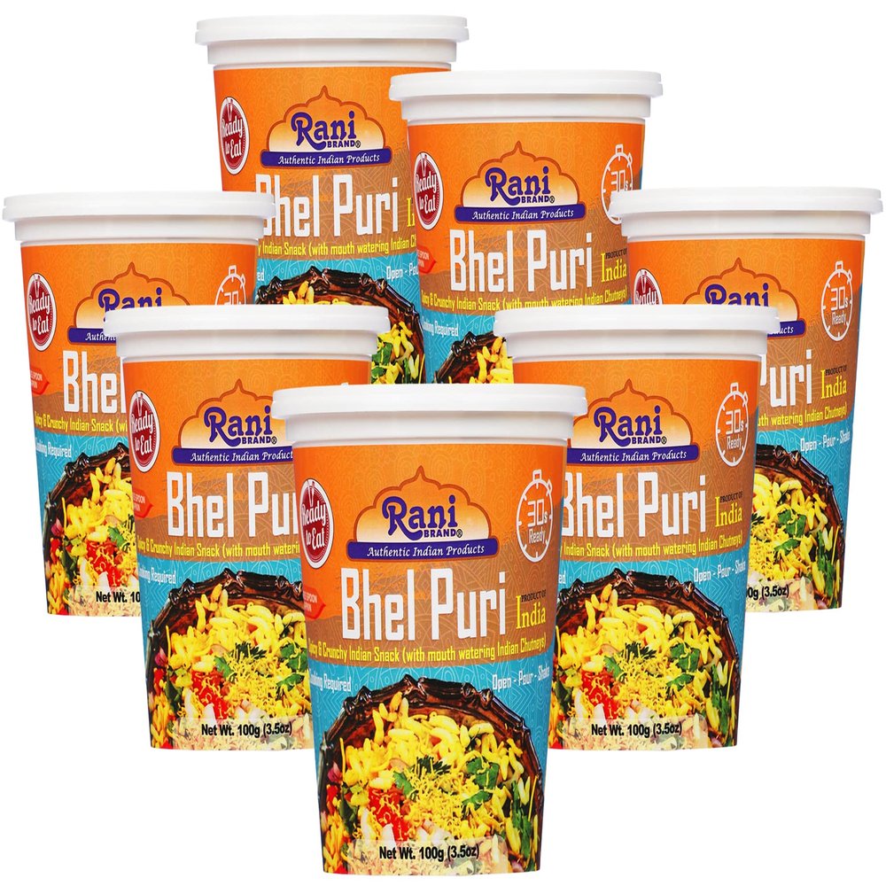 Rani Bhel Puri Cup (Spicy & Crunchy Indian Snack w/ mouth watering Indian Chutneys) 3.5oz (100g), Pack of 6+1 FREE ~ Ready to Eat | Vegan | NON-GMO | Indian Origin