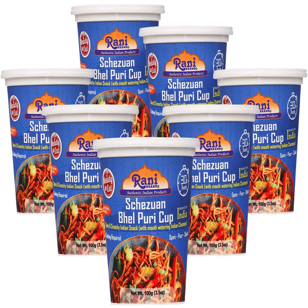 Rani Schezuan Bhel Puri Cup (Spicy & Crunchy Indian Snack w/ mouth watering Indian Chutneys) 3.5oz (100g), Pack of 6+1 FREE ~ Ready to Eat | Vegan | NON-GMO | Indian Origin