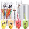 Inbagi 100 Sets 12oz Disposable Cups with Lids and Straws with Stickers for Birthday Baby Shower Disposable Cold Party Favor Drinking Cups (Animal Style) view 1