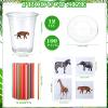 Inbagi 100 Sets 12oz Disposable Cups with Lids and Straws with Stickers for Birthday Baby Shower Disposable Cold Party Favor Drinking Cups (Animal Style) view 2
