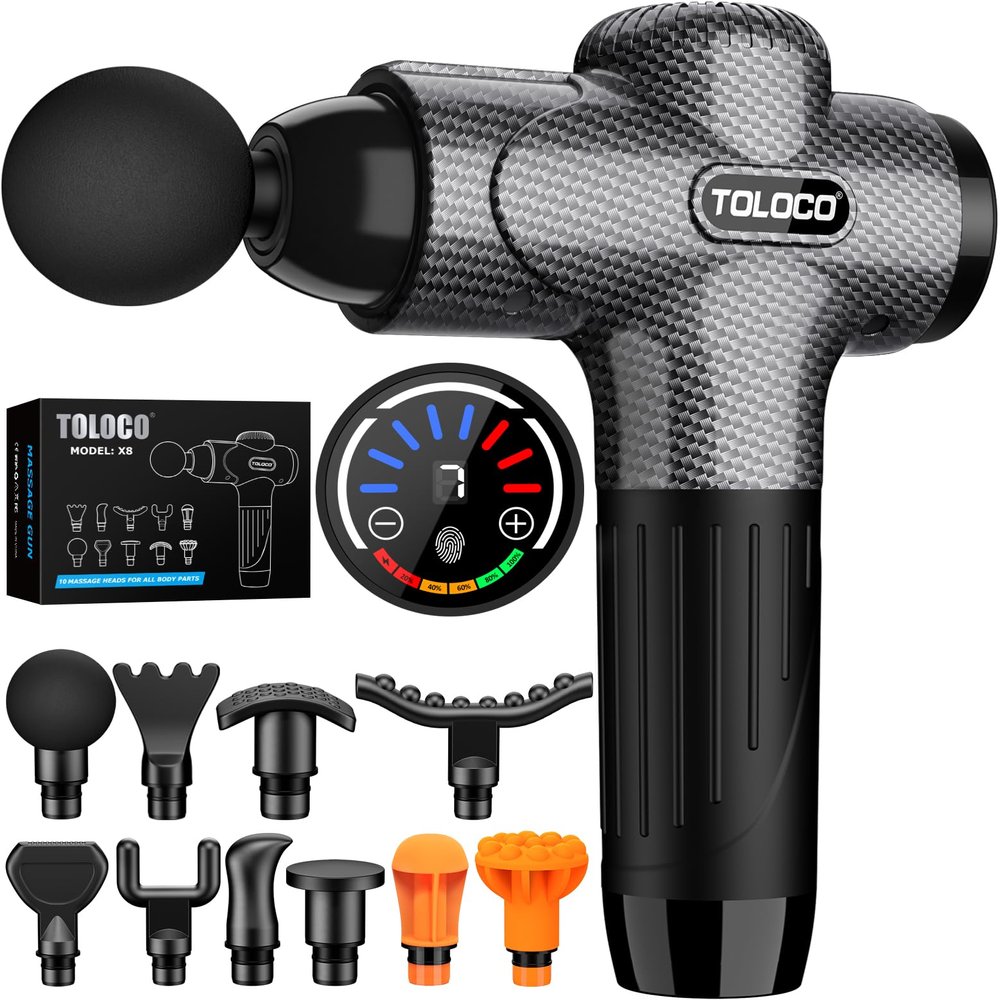 TOLOCO Massage Gun, Upgrade Deep Tissue Back Massager with 10 Replacement Heads, Percussion Massage Guns for Athletes for Pain Relief, Super Quiet Electric Massager for Valentine Gift, Carbon