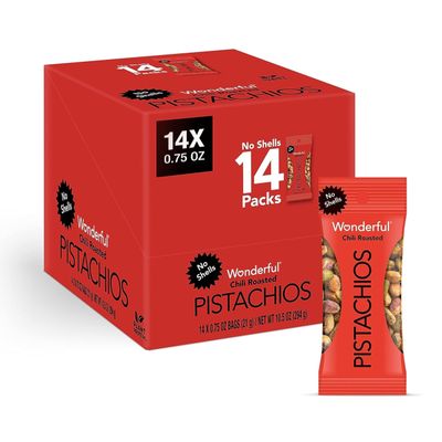 Wonderful Pistachios No Shells, Chili Roasted Nuts, 0.75 Ounce Bag (Pack of 14), Spicy Nuts Individual Packs, Protein Snack, Gluten Free Snacks, Bulk Snacks