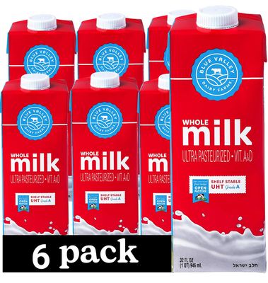 Blue Valley Shelf Stable Milk,Whole, with vitamin D - long life milk no refrigeration needed 32 Fl Oz-(6 PACK) Cholov Yisroel, UHT Pasteurized Milk boxes tetra pak.