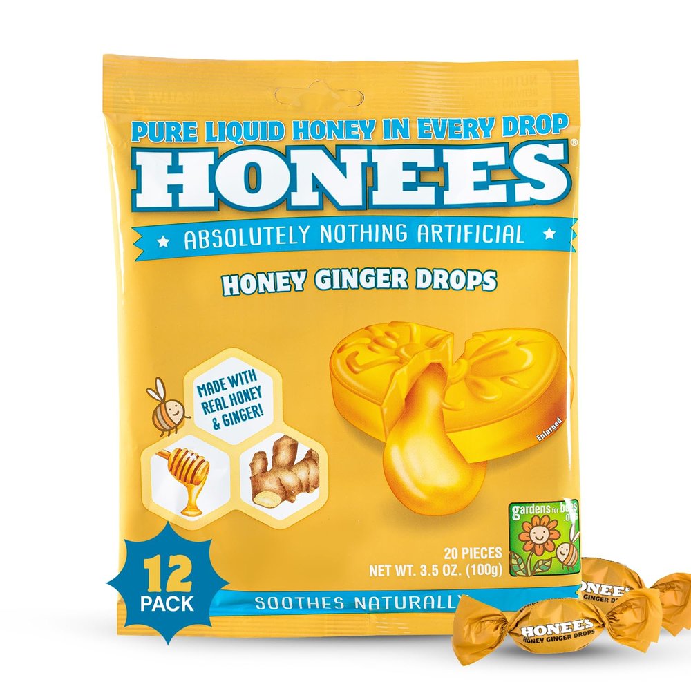 Honees Filled Honey Ginger Drops, Natural Cough Drops- Pure Ginger Sore Throat Relief - Nothing Artificial -Throat Coat Lozenges, Natural Cough Suppressant, Non-GMO (12 Pack  240 Drops)