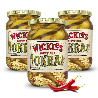 Wickles Pickles Dirty Dill Okra (3 Pack) - Dill Hot Pickled Okra - Extra Dirty, Super Spicy, Wickedly Delicious (16 oz. Jars)