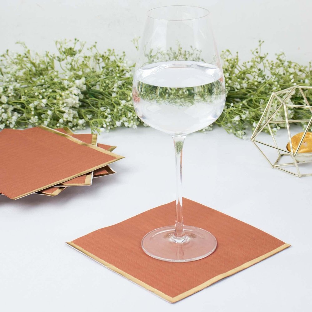 Efavormart 50 Pack | 2 Ply Soft Terracotta With Gold Foil Edge Party Paper Napkins, Dinner Cocktail Beverage Napkins