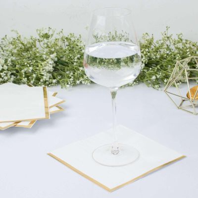 Efavormart 50 Pack | 2 Ply Soft White With Gold Foil Edge Party Paper Napkins, Dinner Cocktail Beverage Napkins