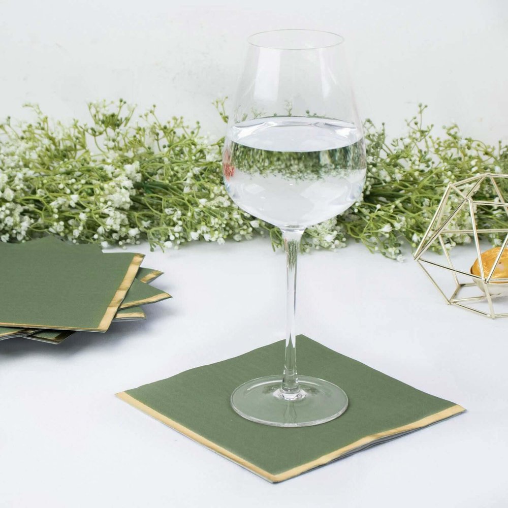 Efavormart 50 Pack | 2 Ply Soft Olive Green With Gold Foil Edge Party Paper Napkins, Dinner Cocktail Beverage Napkins