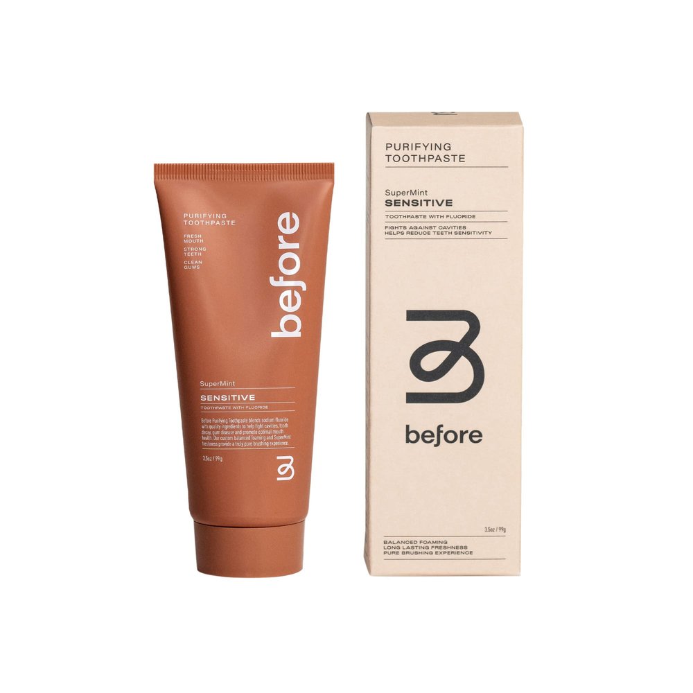 Before | Sensitive Anti-Cavity Toothpaste | Vegan, Reduces Plaque for Gum Health, Balanced Foaming, Low Abrasion, Long Lasting Minty Fresh Breath, Plant-Based Sugarcane Tube, Made in The USA  3.5oz