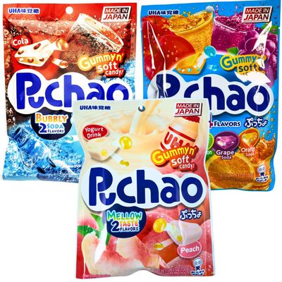 Puchao Gummy n' Soft Candy (3 pack) Fruit Soda(Apple, Watermelon, Grape, Orange), Bubbly Soda (Cola, Ramune Soda), Mellow Taste (Yogurt Drink, Peach)