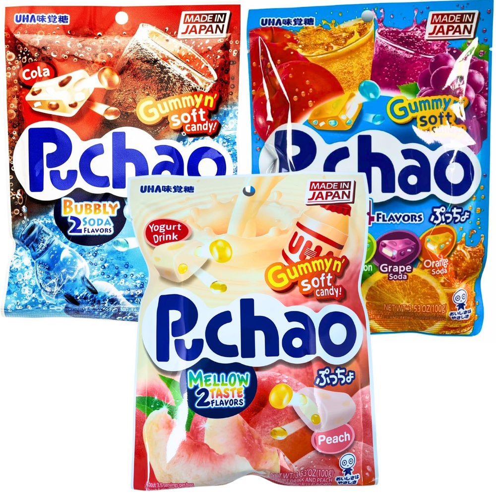 Puchao Gummy n' Soft Candy (3 pack) Fruit Soda(Apple, Watermelon, Grape, Orange), Bubbly Soda (Cola, Ramune Soda), Mellow Taste (Yogurt Drink, Peach)