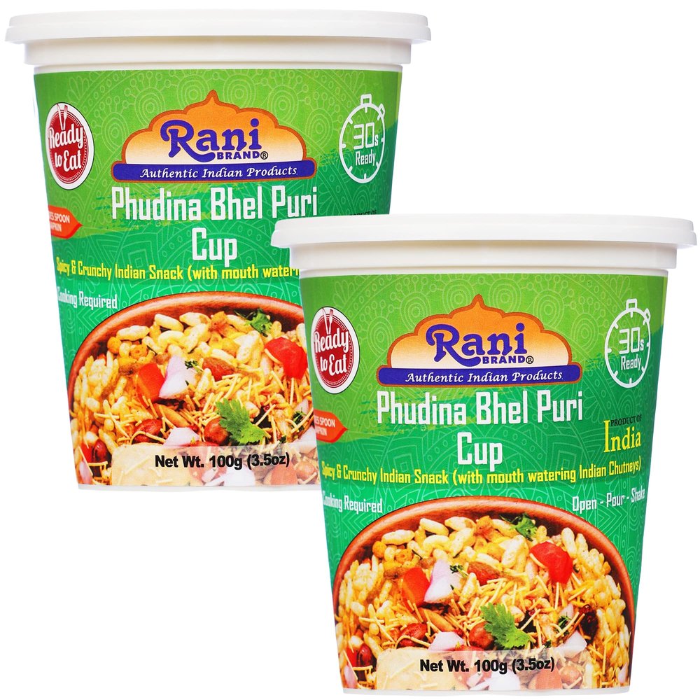 Rani Pudina Bhel Puri Cup (Spicy & Crunchy Indian Snack w/ mouth watering Indian Chutneys) 3.5oz (100g), Pack of 2 ~ Ready to Eat | Vegan | NON-GMO | Indian Origin