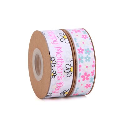 Meseey 20 Yards Mom Ribbon Happy Mother's Day Daisy Floral Grosgarin White and Pink Ribbons for Gift Wrapping, Mother' Day, Valentine's DayParty Favors(White Mum)