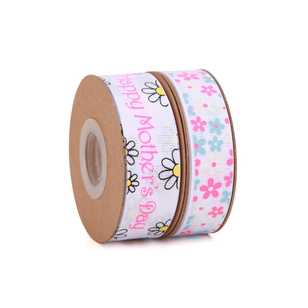 Meseey 20 Yards Mom Ribbon Happy Mother's Day Daisy Floral Grosgarin White and Pink Ribbons for Gift Wrapping, Mother' Day, Valentine's DayParty Favors(White Mum)
