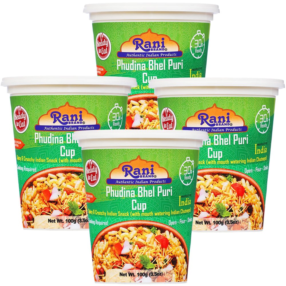 Rani Pudina Bhel Puri Cup (Spicy & Crunchy Indian Snack w/ mouth watering Indian Chutneys) 3.5oz (100g), Pack of 4 ~ Ready to Eat | Vegan | NON-GMO | Indian Origin