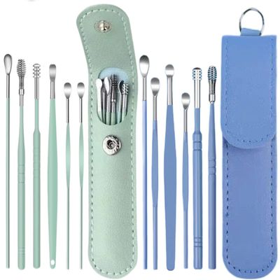 12 Pcs Ear Pick Earwax Removal Kit, Ear Cleaning Tool, Stainless Steel Earwax Removal Tool with Leather Storage Box (Blue&Green)