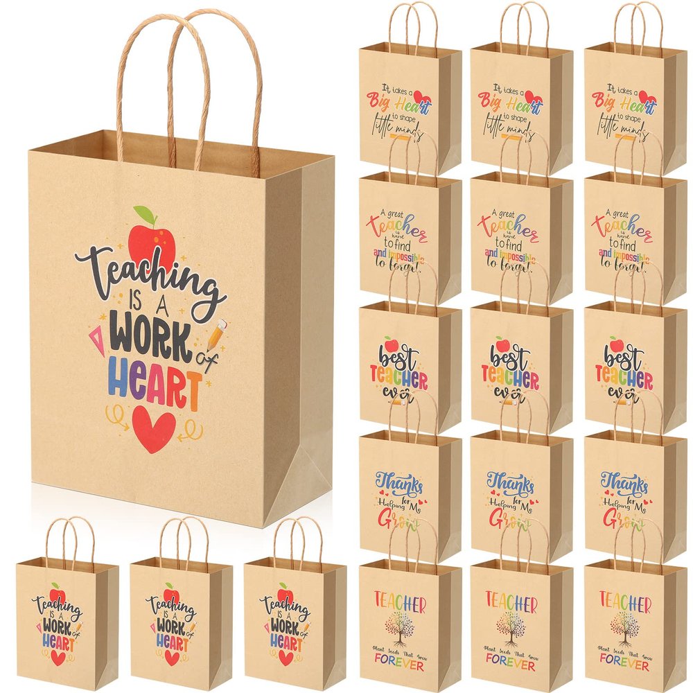 PerKoop 36 Pcs Teacher Appreciation Gift Paper Bag with Handles, Thank You Teacher Treat Present Bags for Teacher Appreciation Week, Birthday, Christmas Supplies(Kraft)