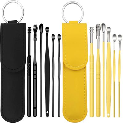 12 Pcs Ear Pick Earwax Removal Kit, Ear Cleaning Tool, Stainless Steel Earwax Removal Tool with Leather Storage Box (Black&Yellow)
