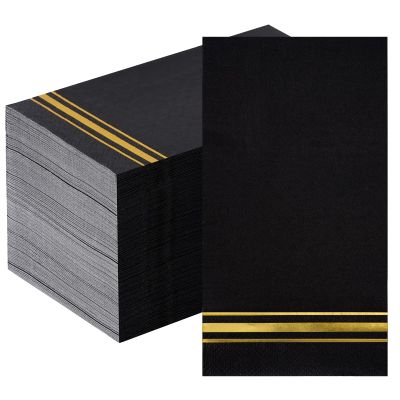 Hunanyume 100pcs 3-Ply Black and Gold Paper Napkins, Black Elegant Dinner Napkins, Gold Foil Guest Napkins Disposable Hand Towels for Bathroom Wedding Anniversary Birthday Holiday Party