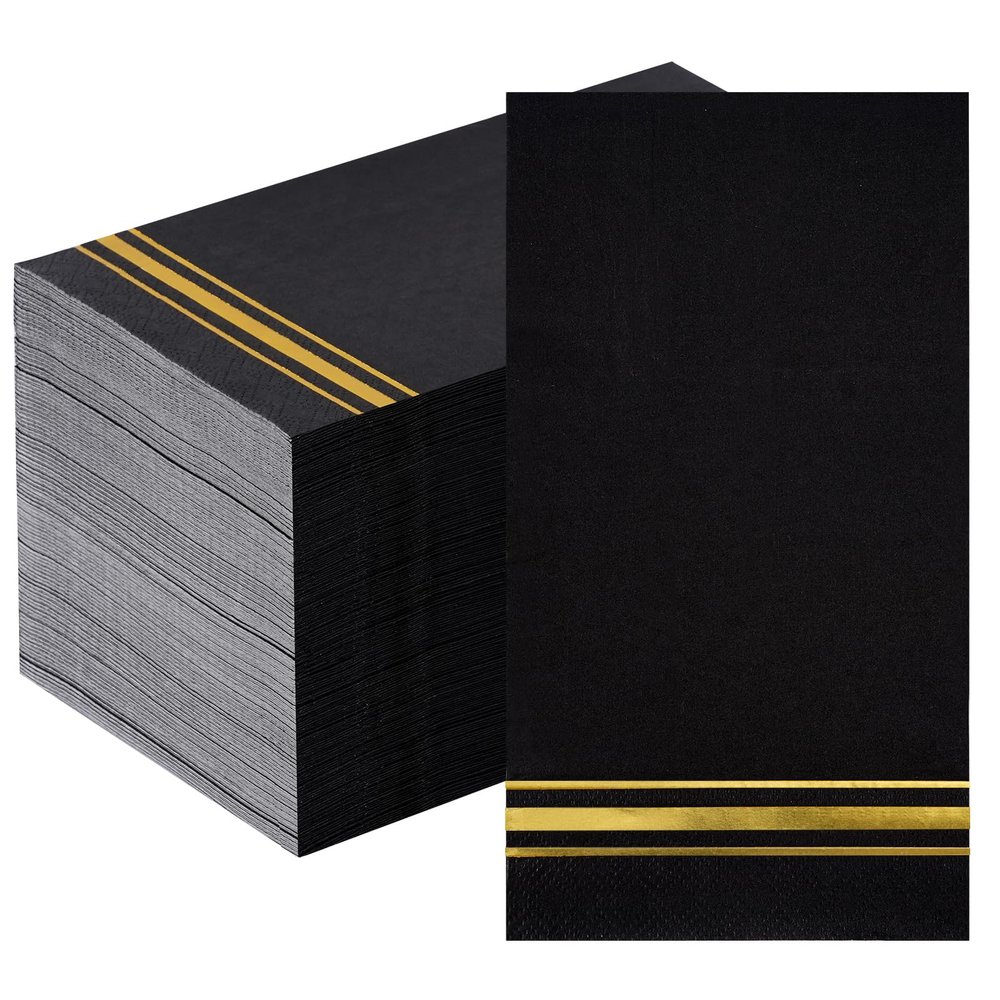 Hunanyume 100pcs 3-Ply Black and Gold Paper Napkins, Black Elegant Dinner Napkins, Gold Foil Guest Napkins Disposable Hand Towels for Bathroom Wedding Anniversary Birthday Holiday Party