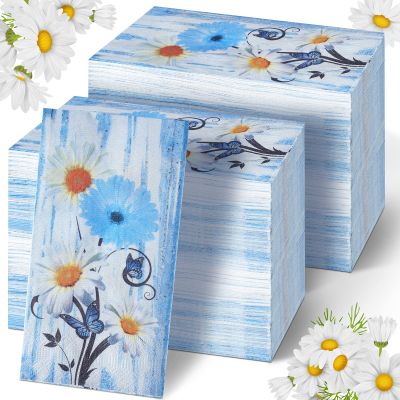 Karenhi 200 Pcs Blue Floral Napkins 2 Ply Daisy Disposable Hand Towels for Bathroom Flower Disposable Napkins Summer Decorative Paper Hand Towel for Baby Shower Birthday Party