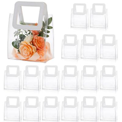 yarlung 18 Pack Clear Gift Bags for Valentine's Day, PVC Party Favor Bags with White Handles, Reusable Small Gift Wrap Tote Bag for Baby Shower, Wedding, Birthday