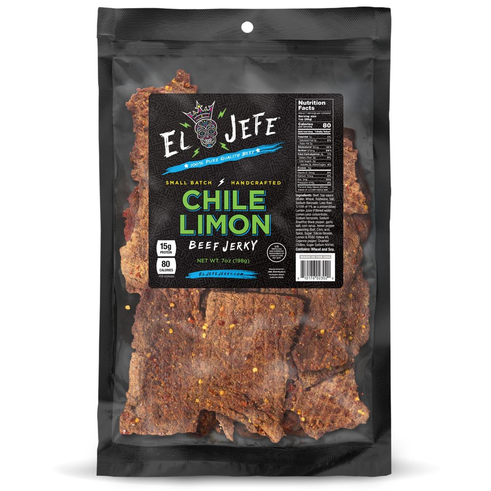 El Jefe Beef Jerky Chile Limon 7oz - Authentic Mexican Style Hispanic Slab Jerky Hand-Crafted in Small Batches for Bold and Zesty Snacking!