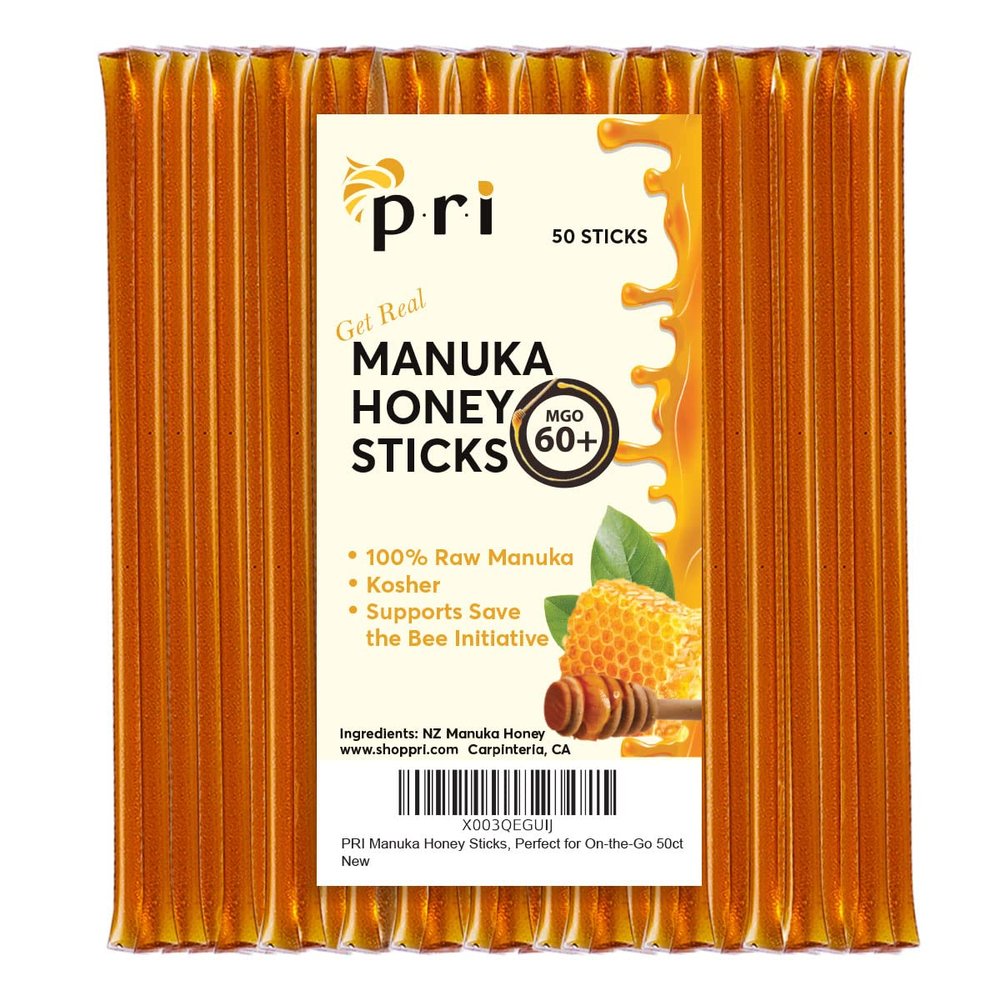 P.R.I Manuka Honey Sticks, Certified MGO 60+, Raw New Zealand Manuka Honey, Perfect for On-the-Go, 50 count