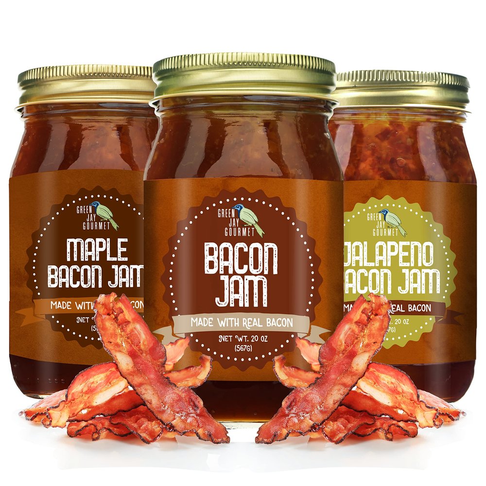 Green Jay Gourmet Bacon Jam Sampler Pack - Classic Spread for Burgers, Sandwiches, Toast, Charcuterie - Sweet, Savory Flavoring for Meat, Poultry, Dressing - MSG, Trans Fat, & Gluten Free - 3 x 20 oz