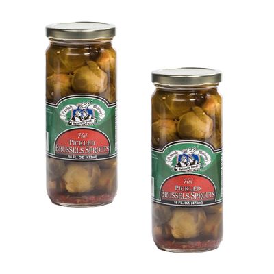 Amish Wedding Hot Pickled Brussel Sprouts, Two 16 oz Glass Jars
