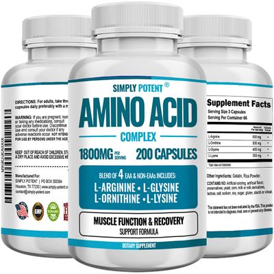 Simply Potent Amino Acid Complex 1800mg 200 Capsules, Blend of 4 Essential and Non Essential Amino Acids, Includes L-Arginine 550mg, L-Ornithine 500mg, L-Glysine 400mg & L-Lysine 350mg for Muscle